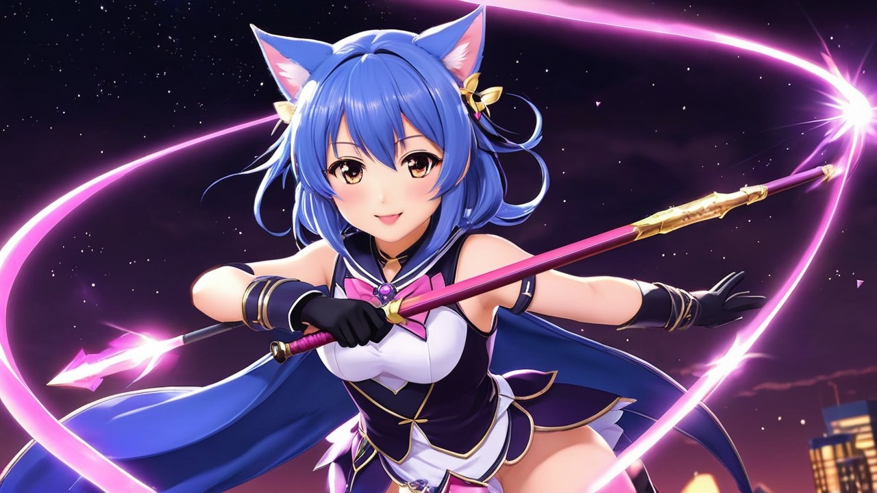 Vibrant Anime Character with Blue Hair and Staff