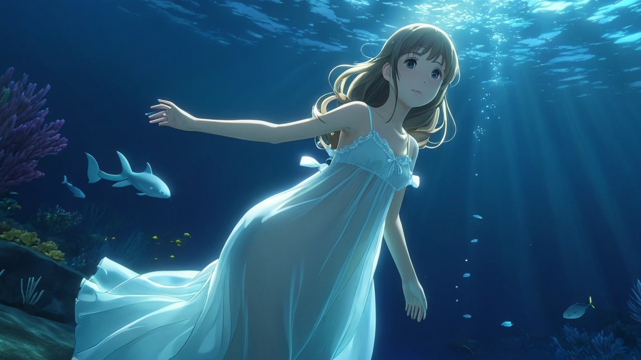 Young girl in white gown swimming underwater with fish