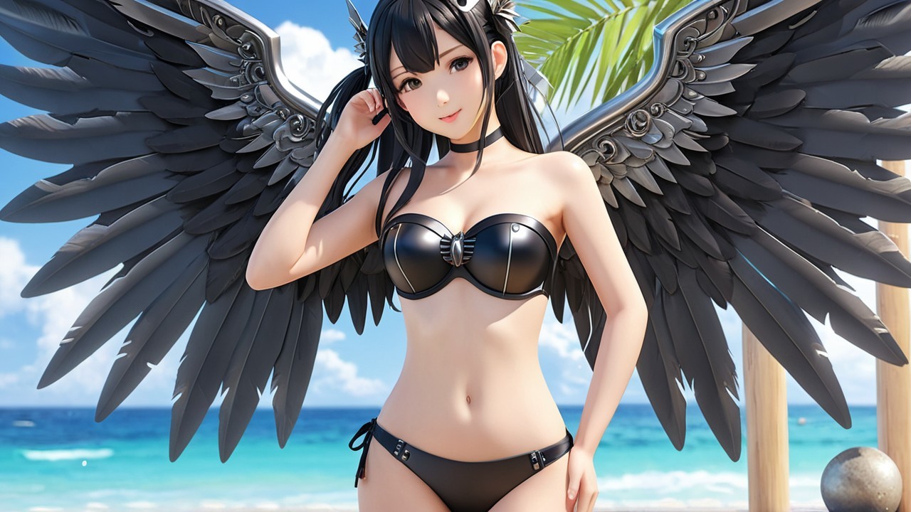 Stylish Character with Black Wings at Tropical Beach