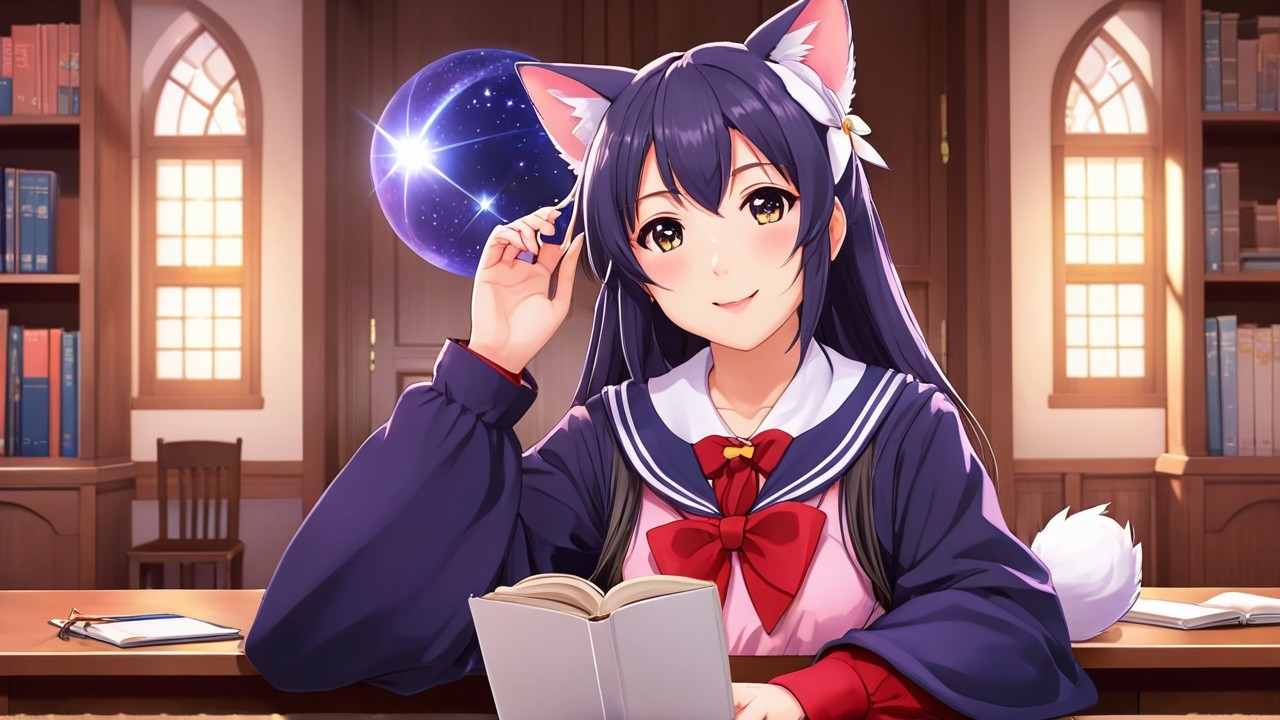 Young girl with cat ears in a cozy library setting