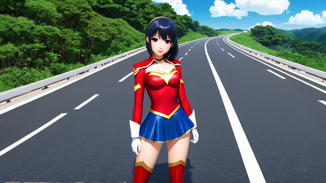 Vibrant Animated Character on Scenic Highway Background