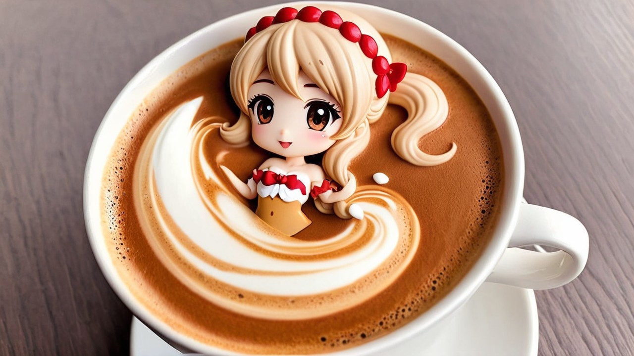 Anime Figure in Frothy Coffee Cup with Latte Art