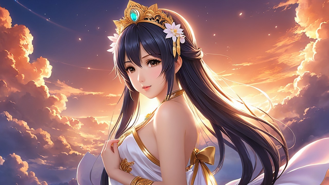 Serene Female Figure in Flowing Gown at Sunset