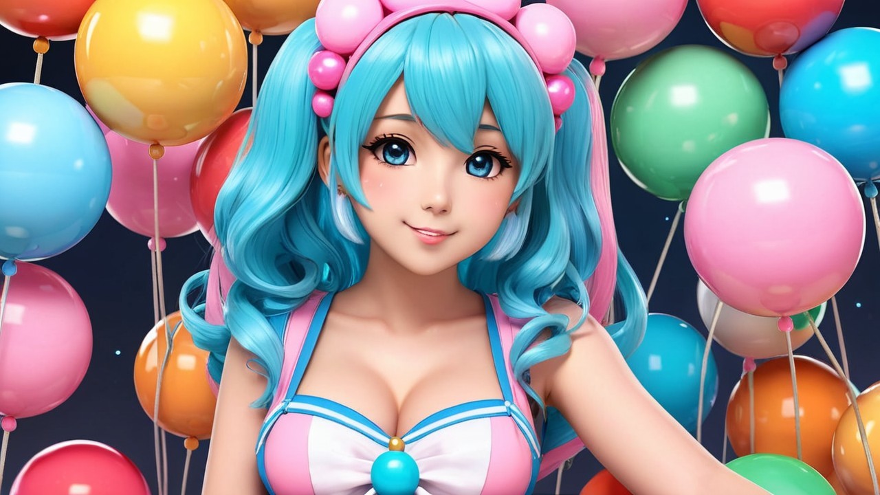 Cheerful animated girl with blue hair and balloons