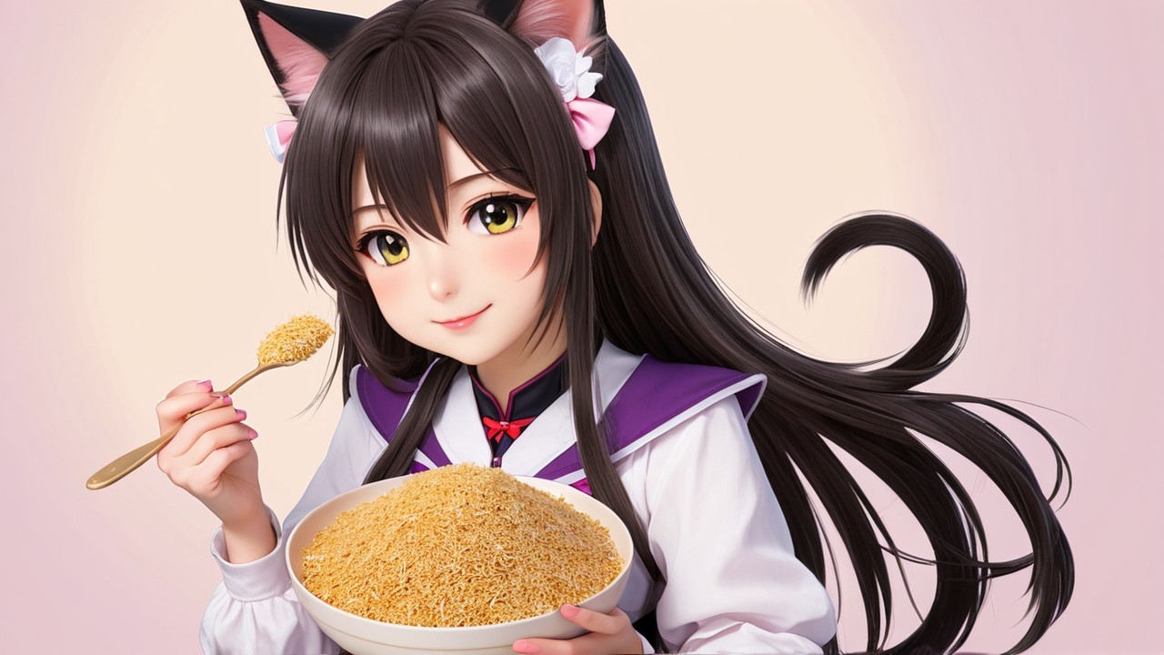 Cheerful anime character with cat ears and noodles