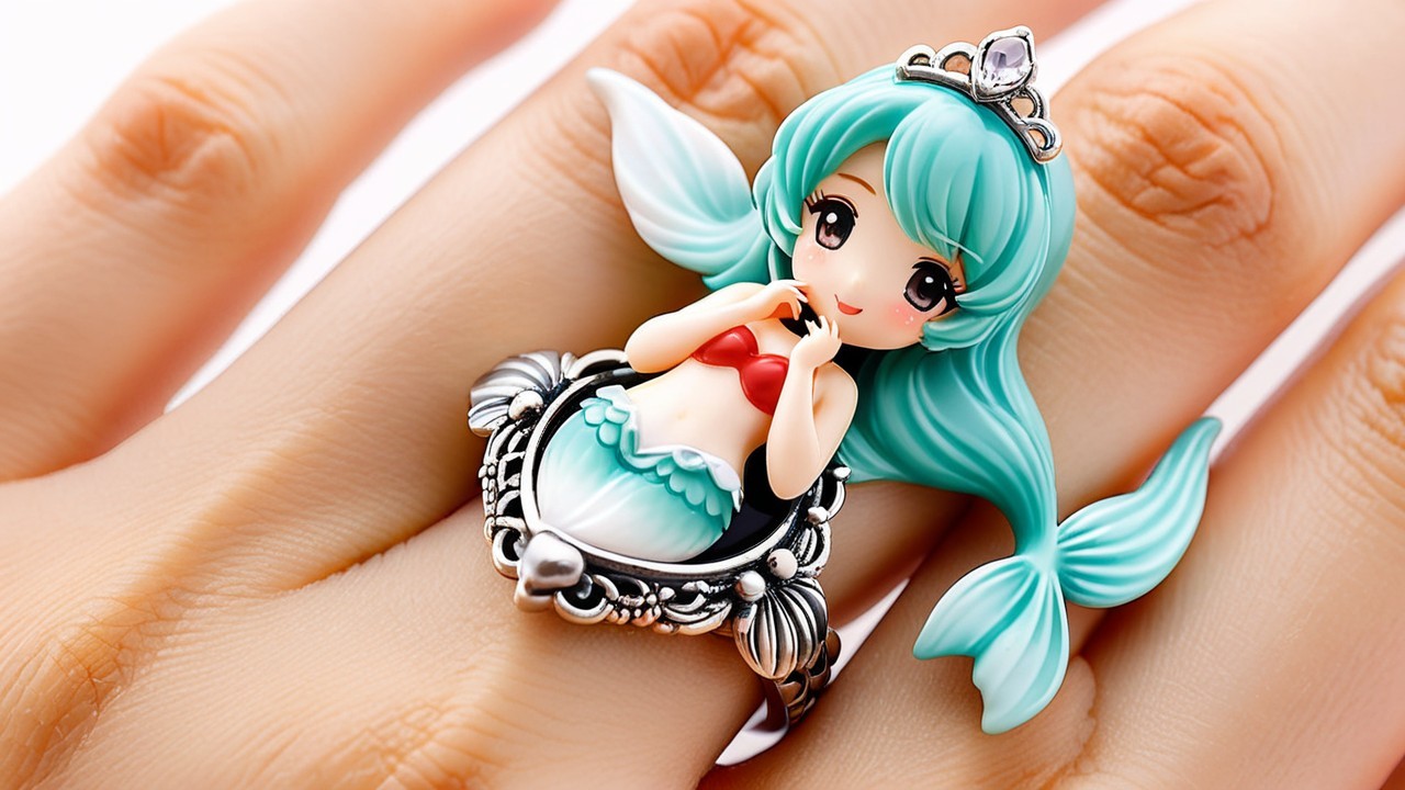 Whimsical Mermaid Ring with Turquoise Hair and Silver Band