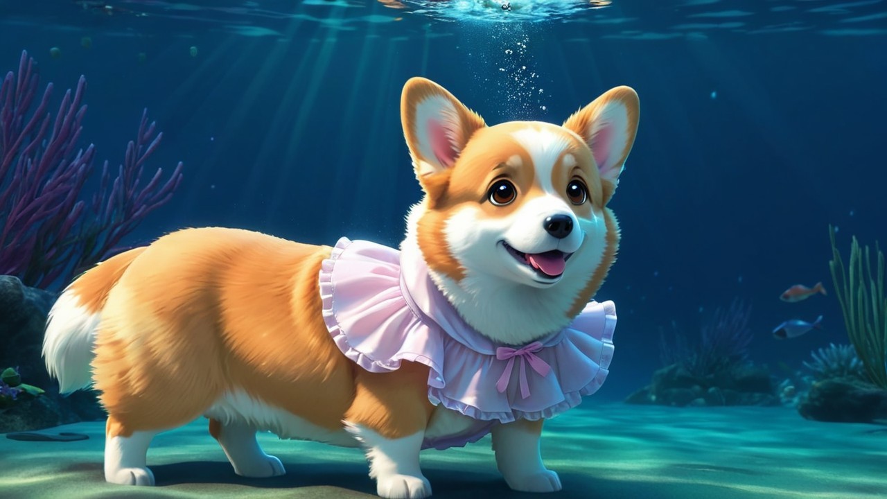 Corgi Underwater with Coral and Colorful Fish