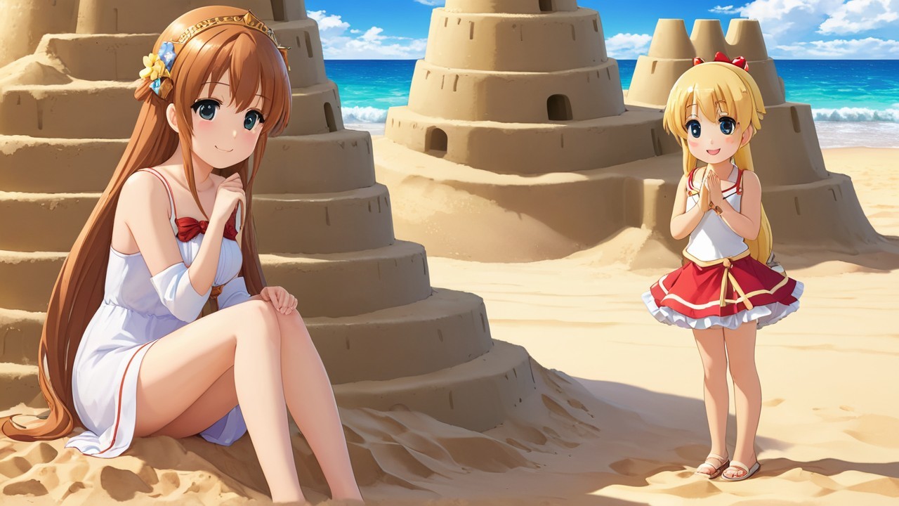 Young Woman and Girl at Beach with Sandcastles