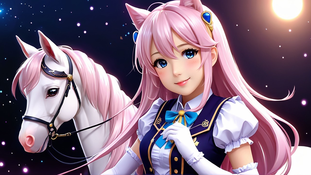 Anime Girl with Pink Hair and White Horse Under Stars
