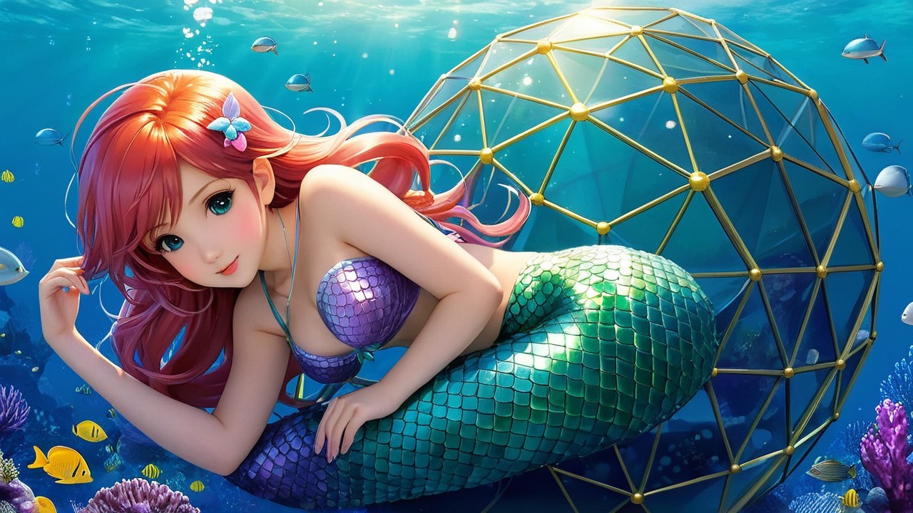 Mermaid with Red Hair in Underwater Coral Scene