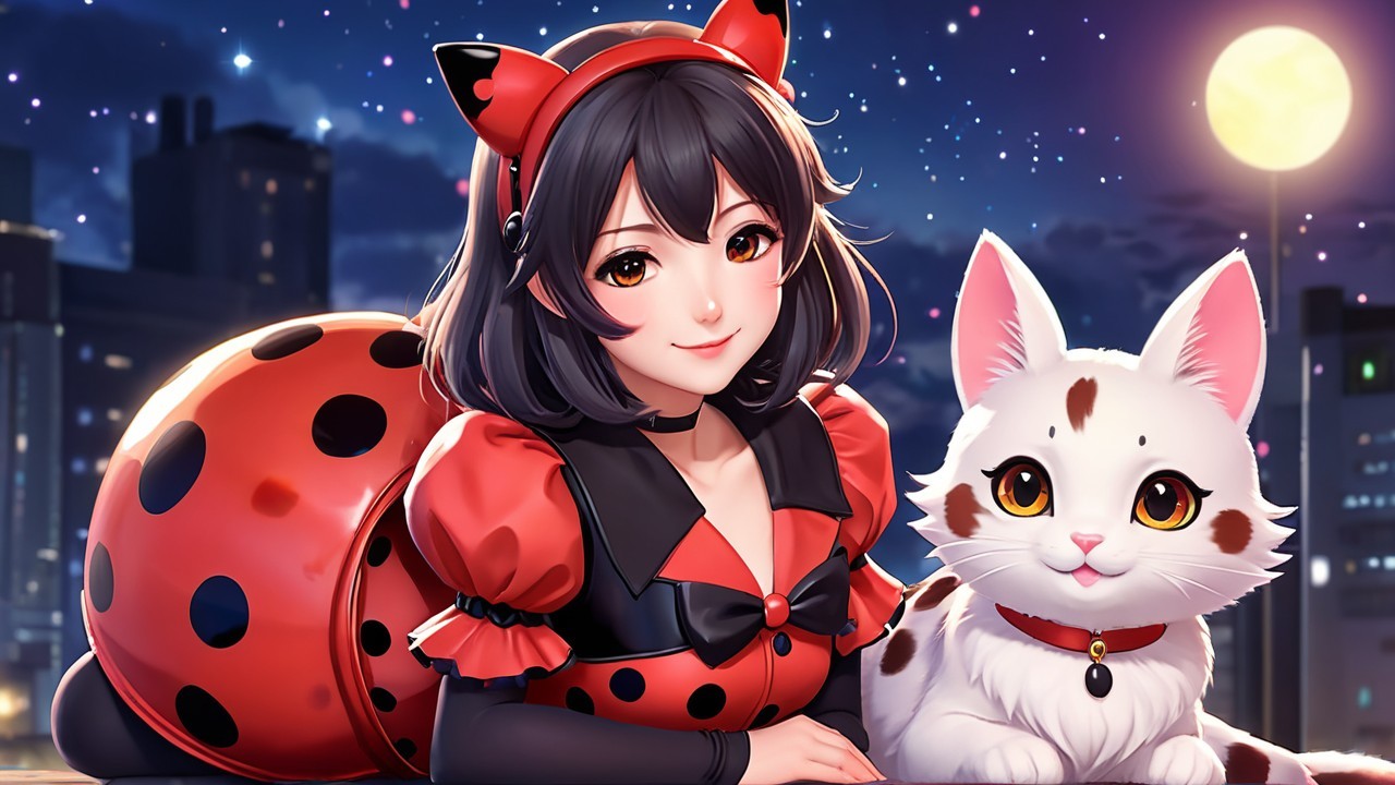 Cheerful girl in ladybug costume with white cat at night