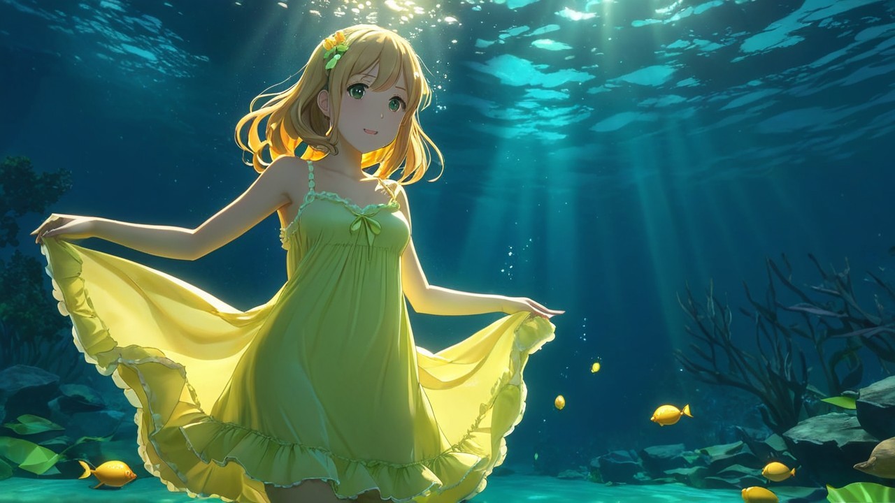 Young woman in yellow dress gracefully underwater