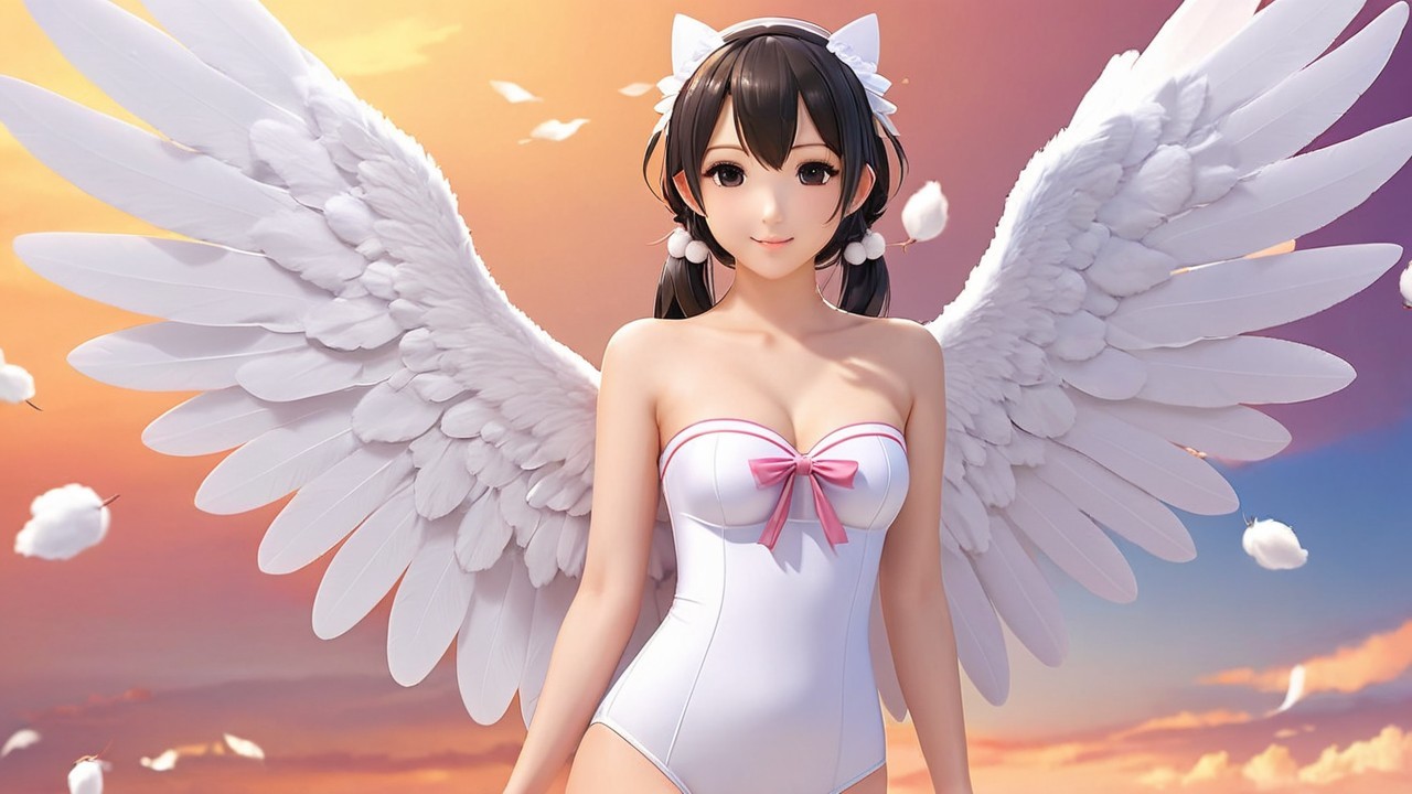 Character with White Wings in Colorful Sunset Sky