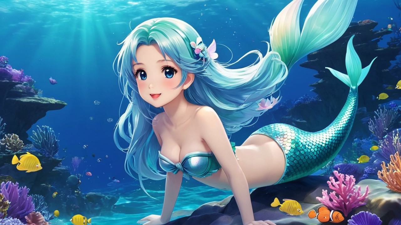 Underwater Scene with Mermaid and Coral Reefs
