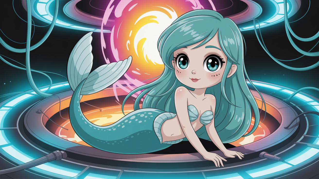 Cartoon Mermaid in Glowing Portal with Neon Lights
