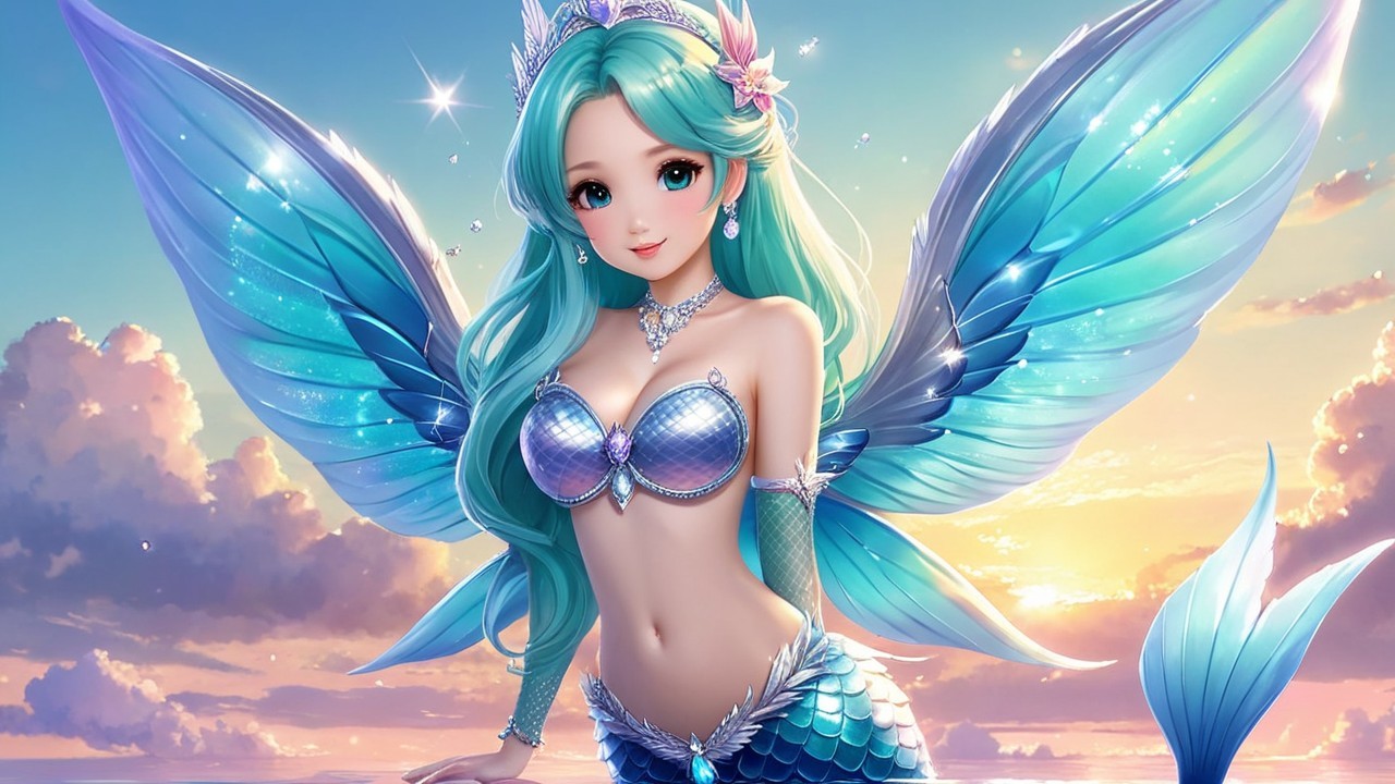 Mermaid with Turquoise Hair and Iridescent Wings
