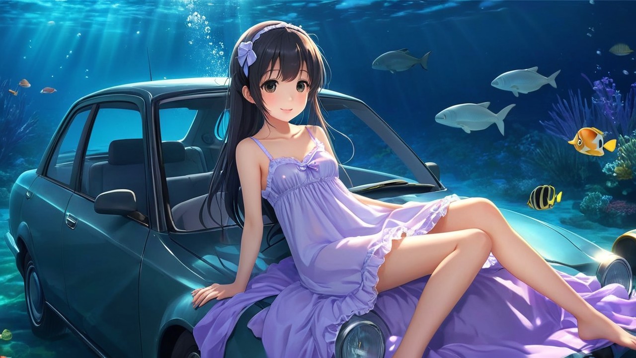 Young Woman in Lavender Dress in Underwater Scene