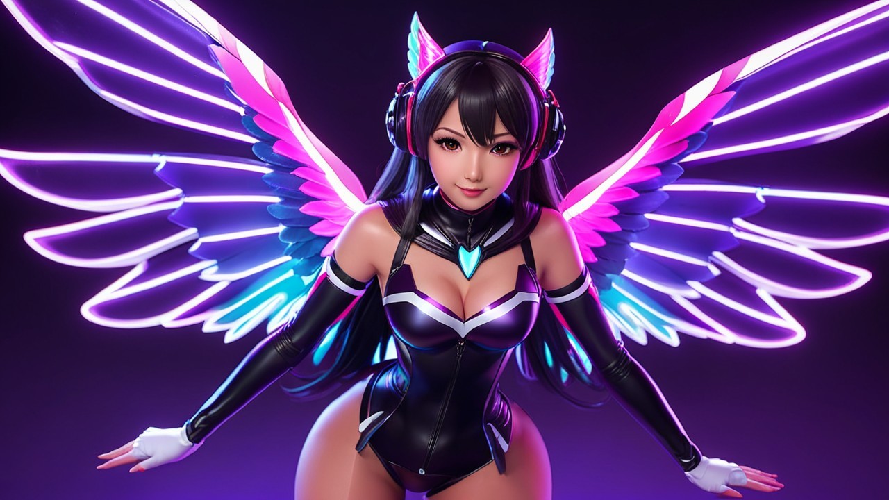 Digital character with vibrant wings and sleek outfit