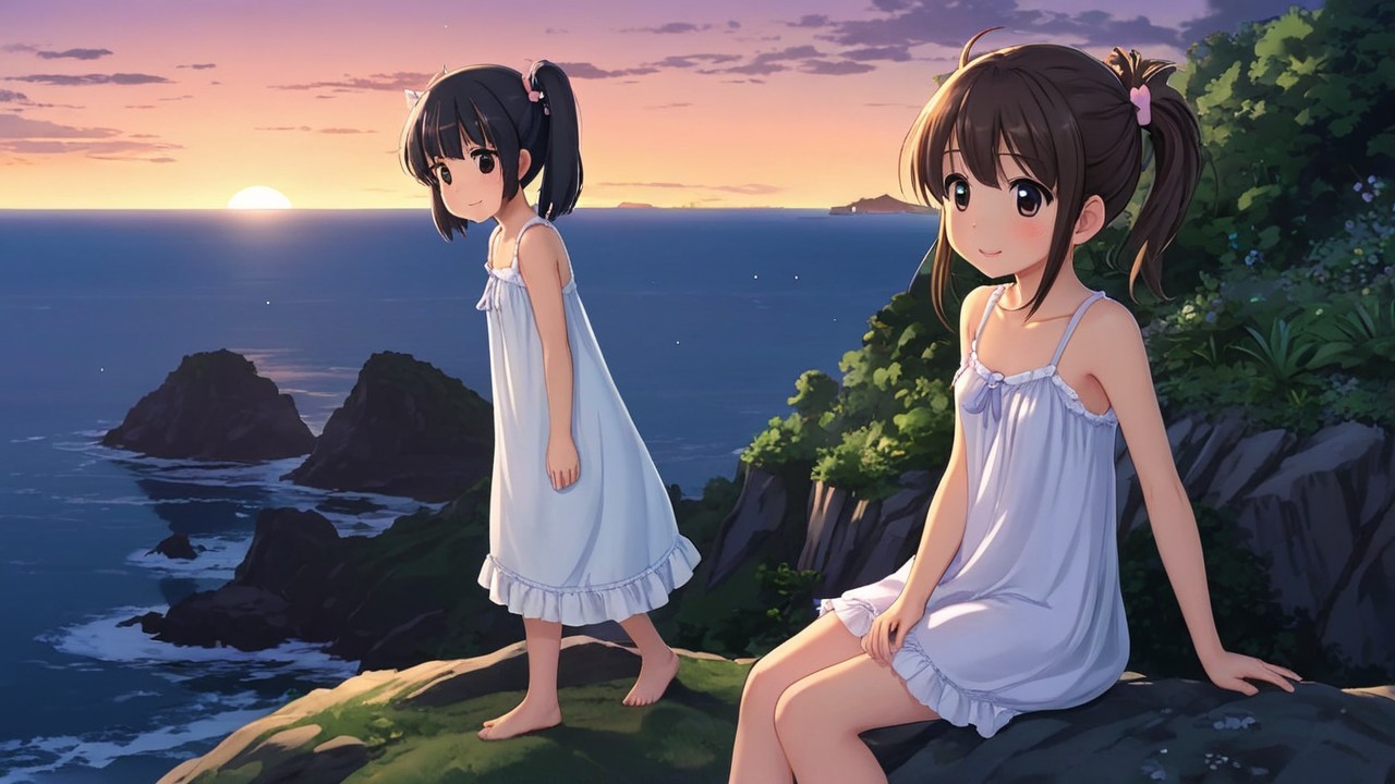 Young girls by the shore at sunset in nightgowns