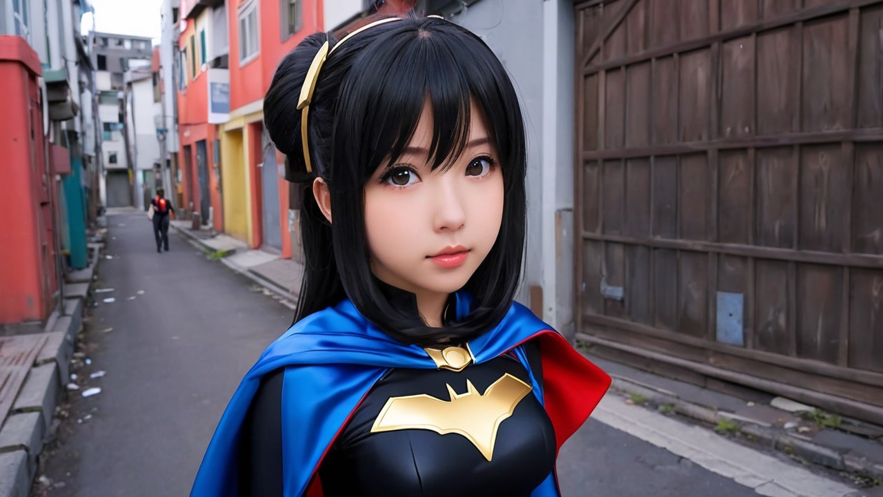 Young Woman in Batgirl Costume in Urban Setting