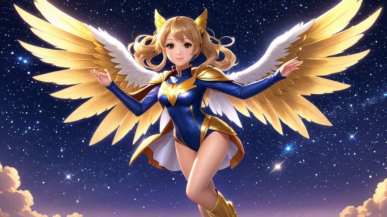Fantastical character with wings in starry night sky