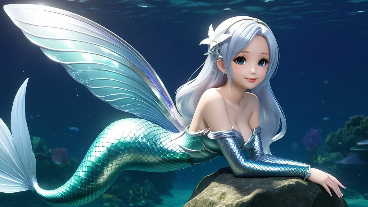 Mermaid with Iridescent Tail in Vibrant Underwater Scene
