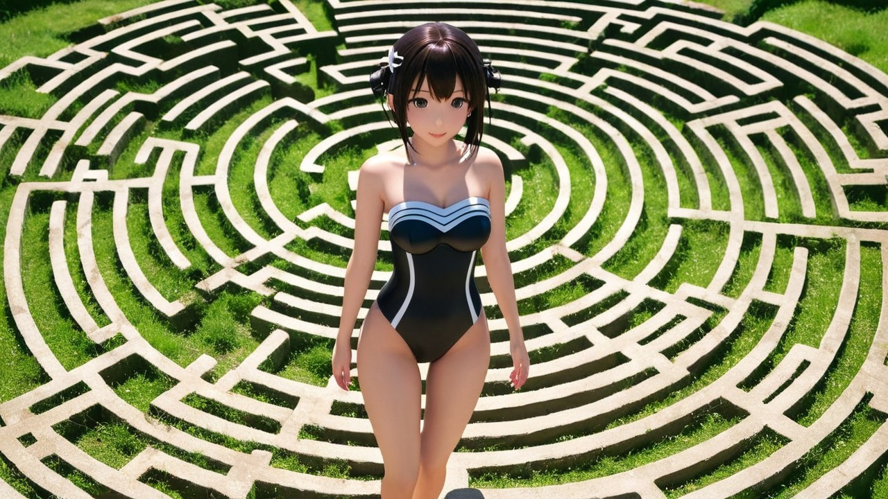 Character in Black Swimsuit in Stone Labyrinth Setting
