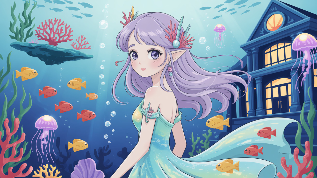 Anime Mermaid in Underwater Scene with Coral and Fish