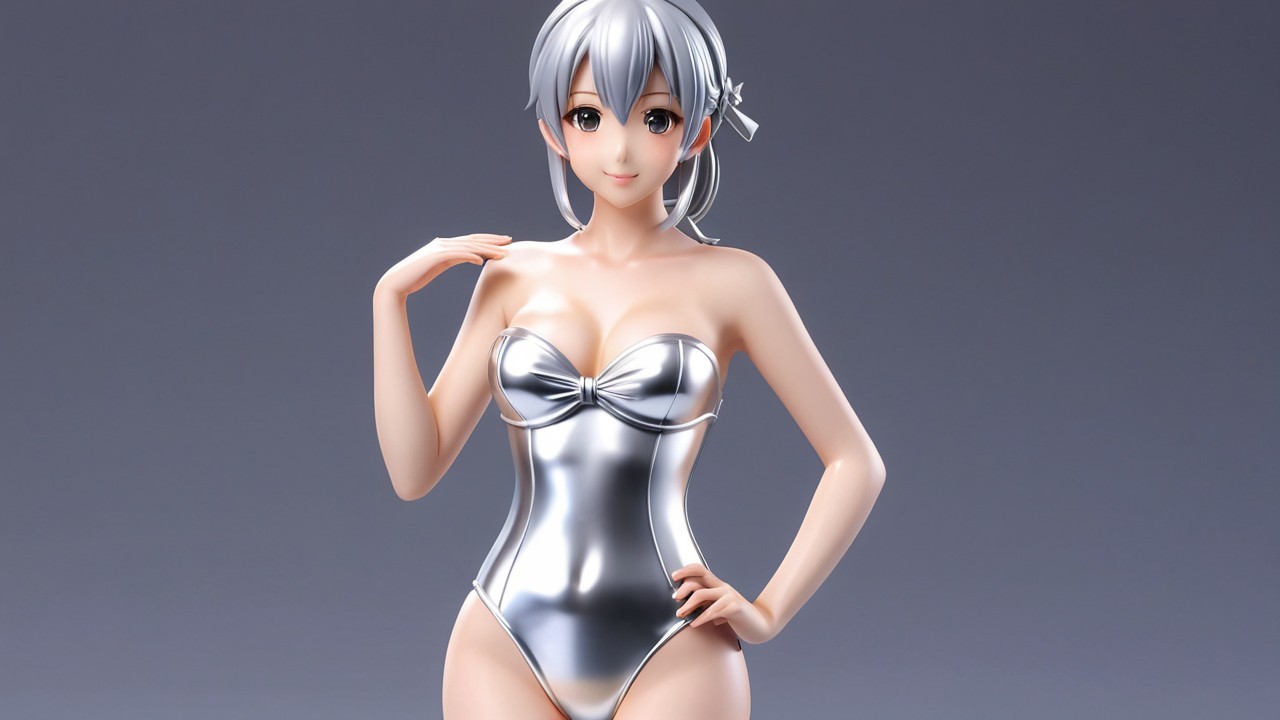 Stylized Figure with Silver Hair in Metallic Swimsuit