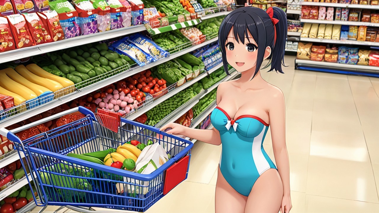 Cheerful Girl in Turquoise Swimsuit at Grocery Store