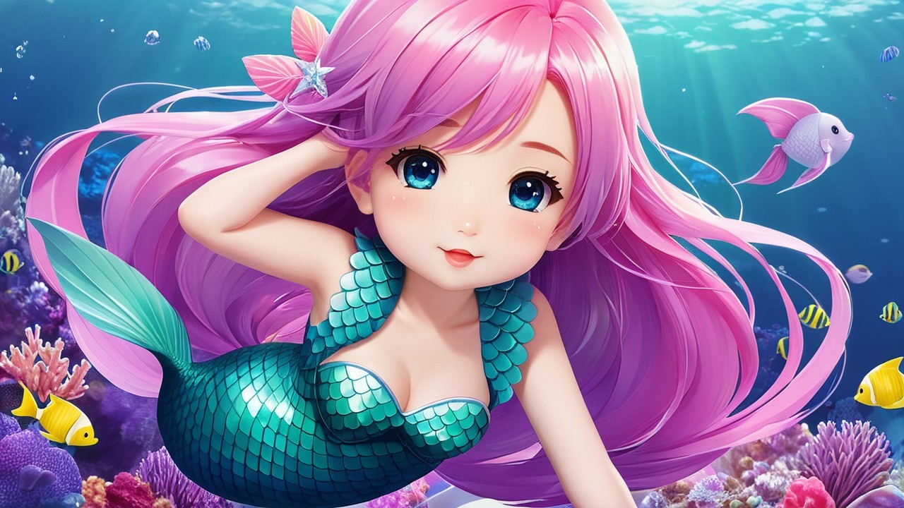 Vibrant Underwater Scene with Cheerful Mermaid
