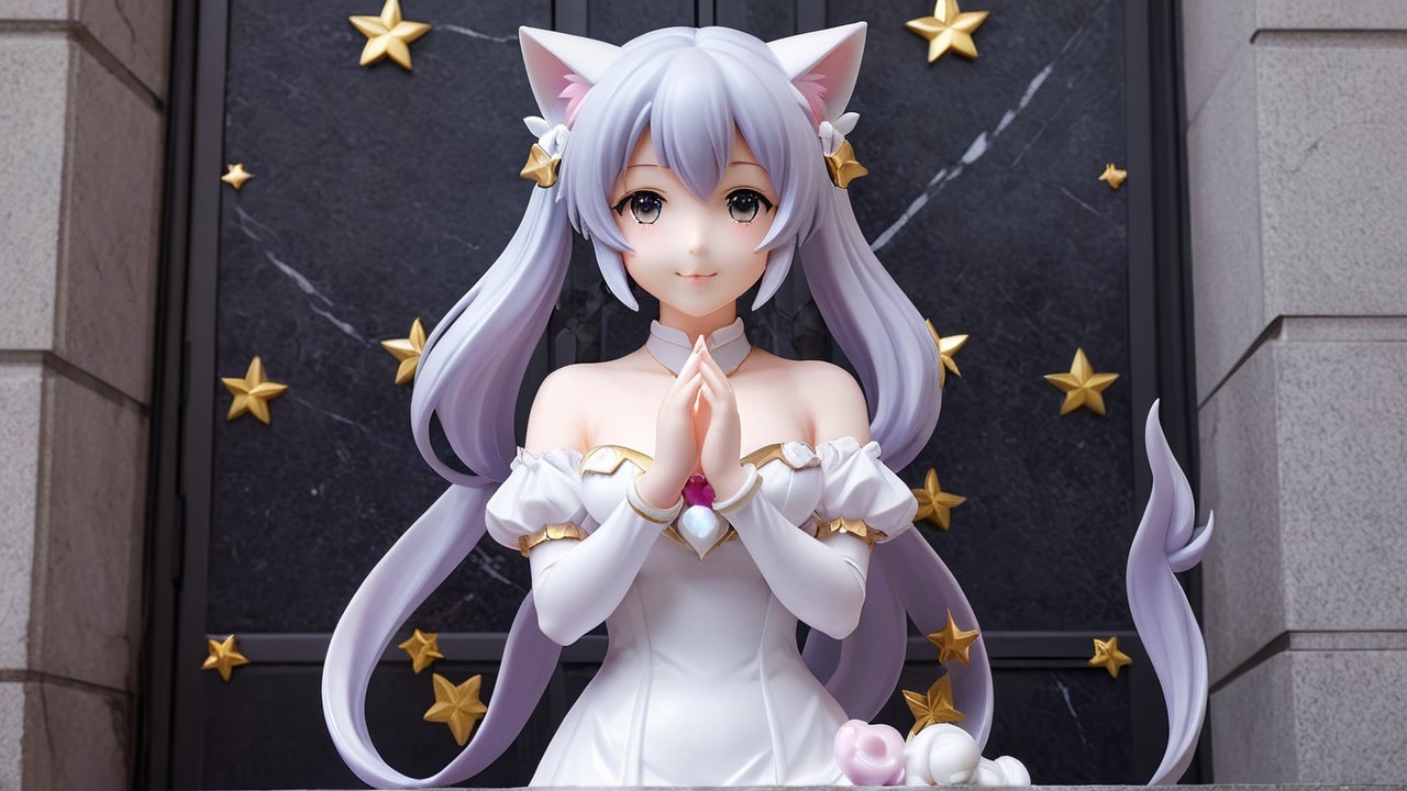 Elegant figure with cat-like ears in white dress