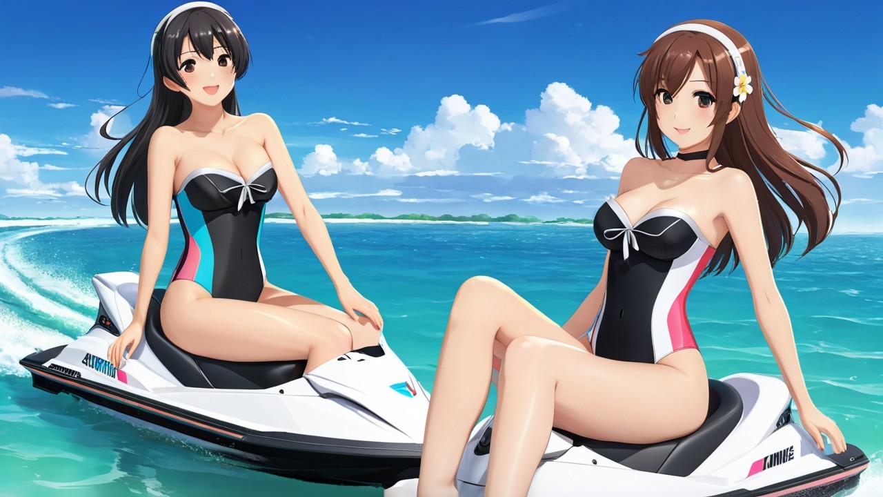 Anime Characters on Jet Skis in a Sunny Ocean Scene