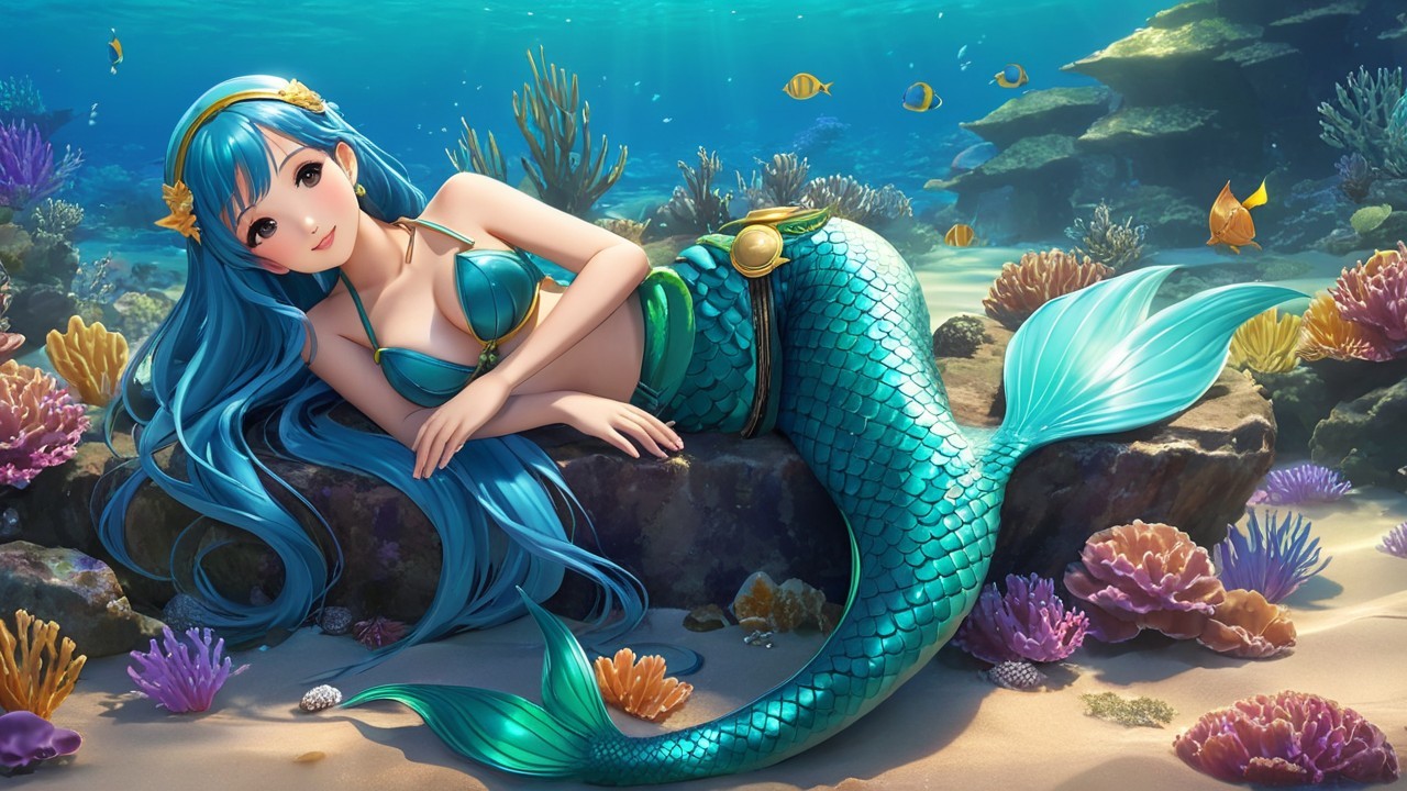 Mermaid with Blue Hair in Underwater Landscape