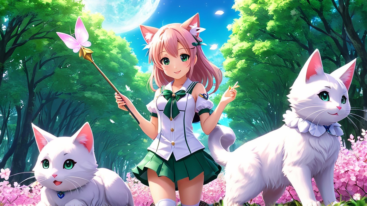 Cheerful girl in magical forest with playful cats