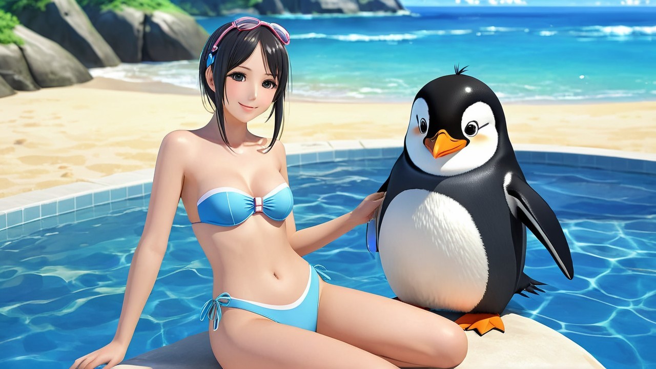 Cheerful beach scene with woman and penguin together