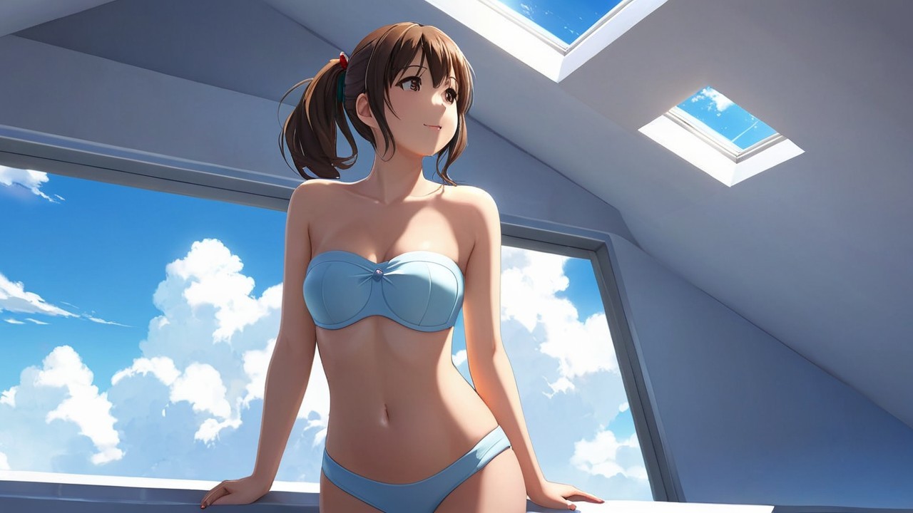 Young Woman in Light Blue Bikini by Skylight