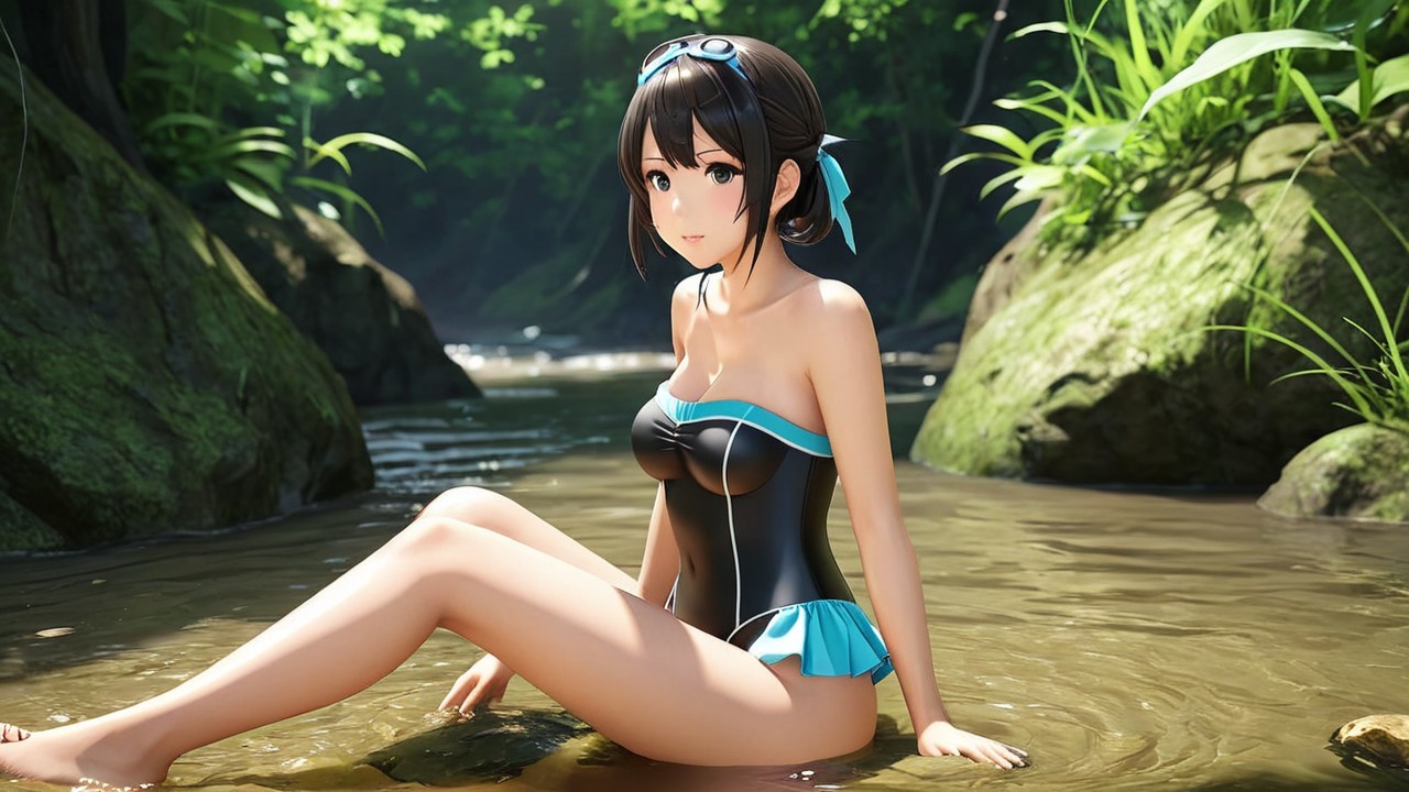 Young Woman in Black Swimsuit in Lush Green Setting