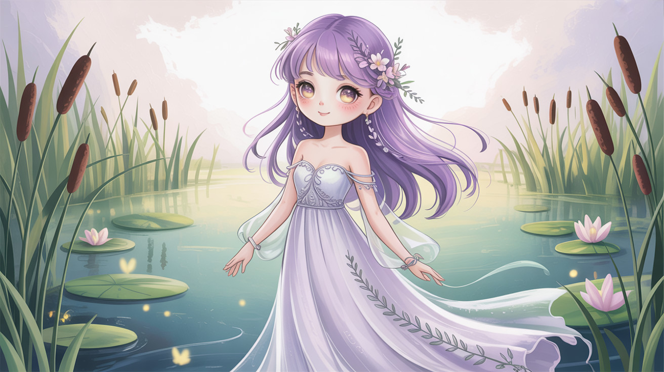 Anime girl with lavender hair in serene lake setting
