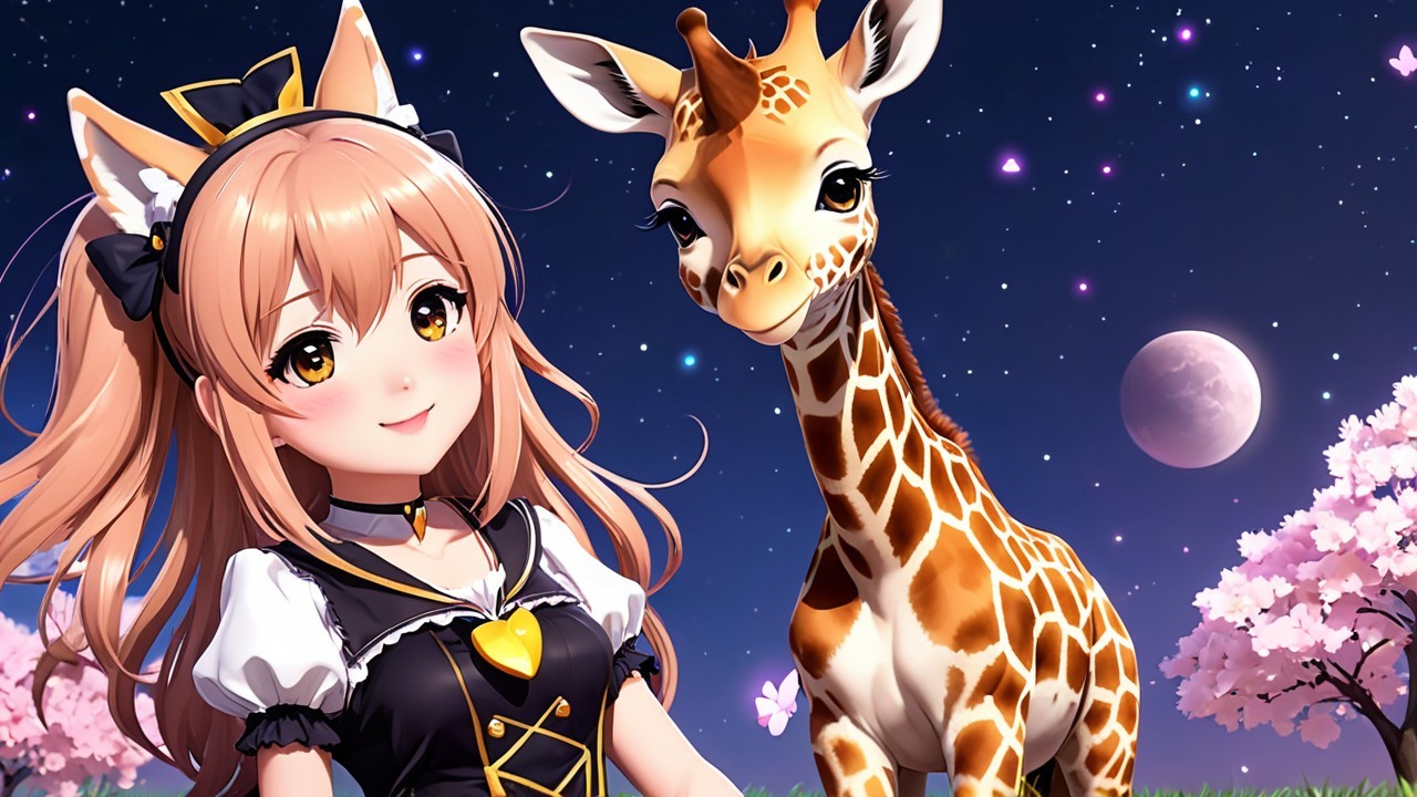 Whimsical Character and Giraffe Under Cherry Blossoms