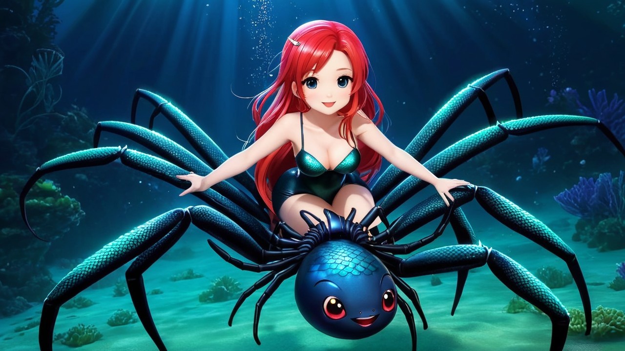 Whimsical Underwater Scene with Girl and Spider