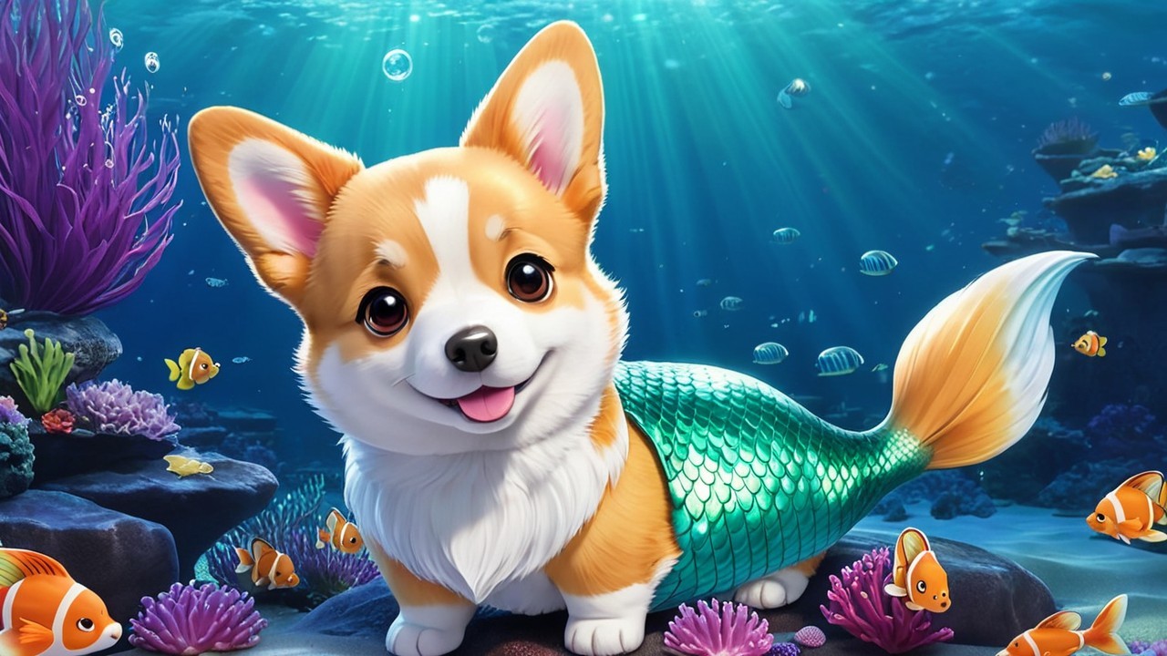 Corgi with Mermaid Tail in Colorful Underwater Scene
