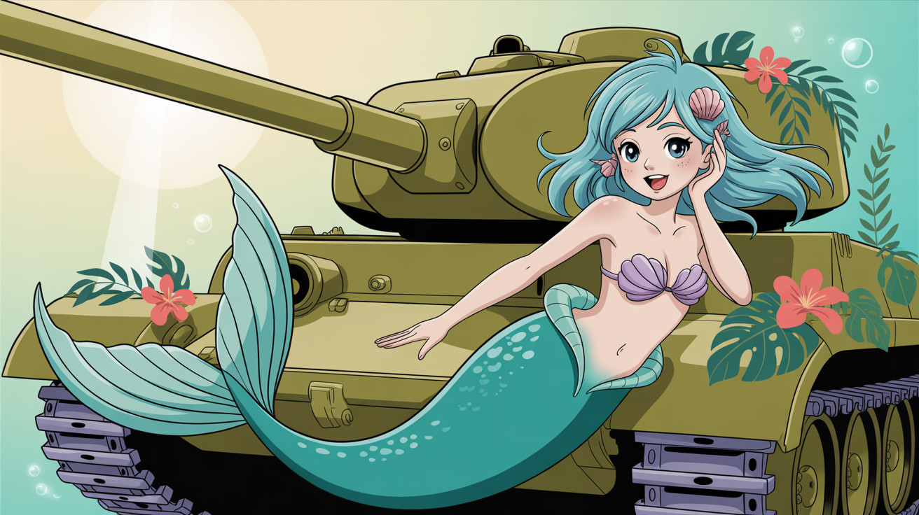 Anthropomorphic mermaid illustration with military tank