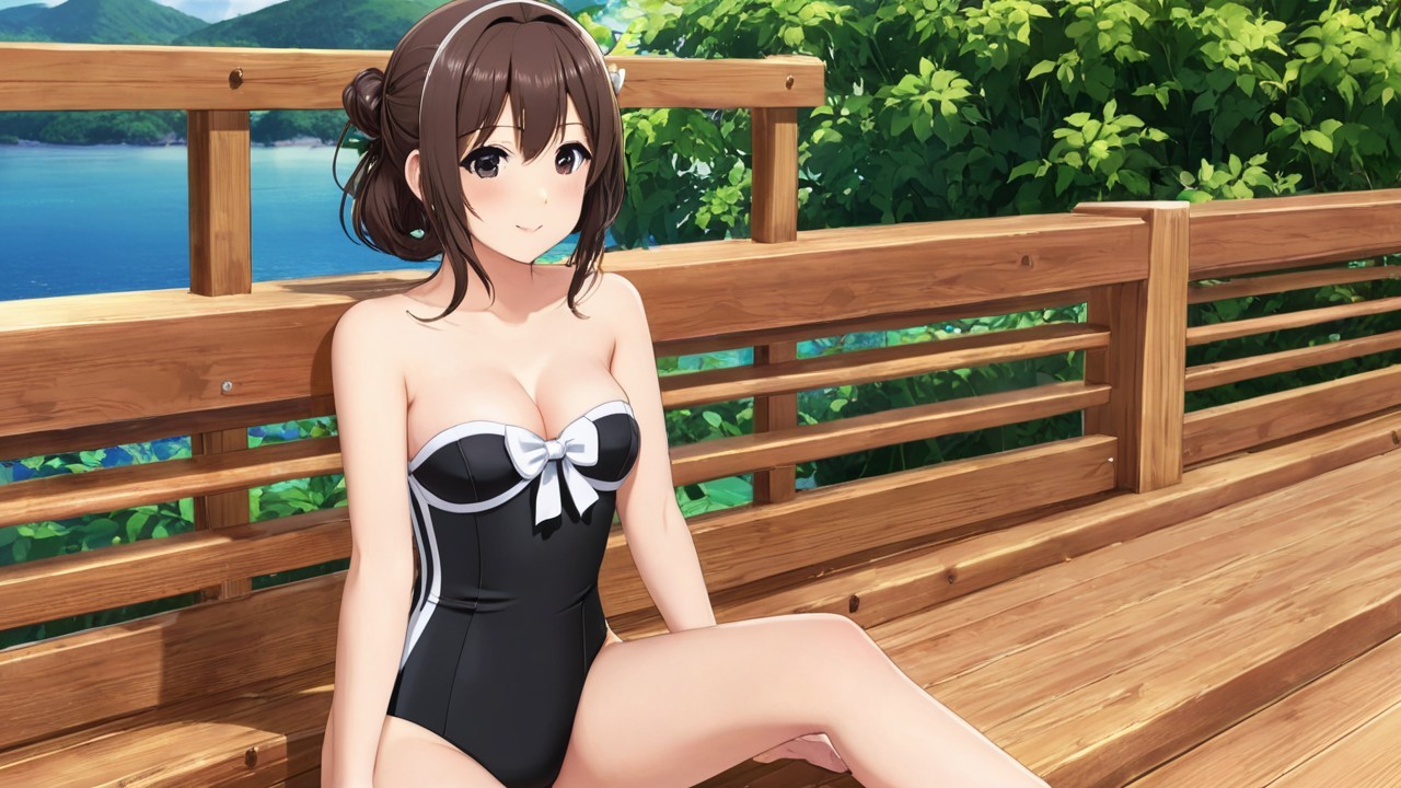 Young woman in black swimsuit by ocean and greenery