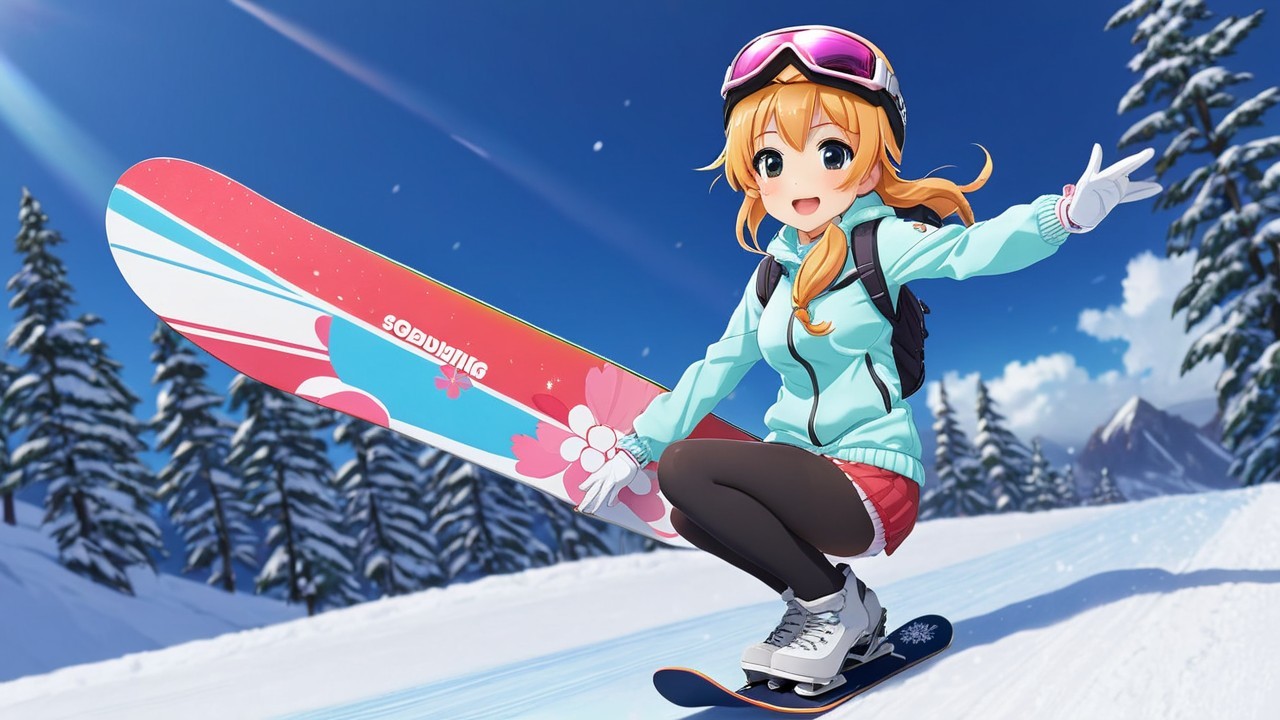 Animated Character Snowboarding in Colorful Winter Scene