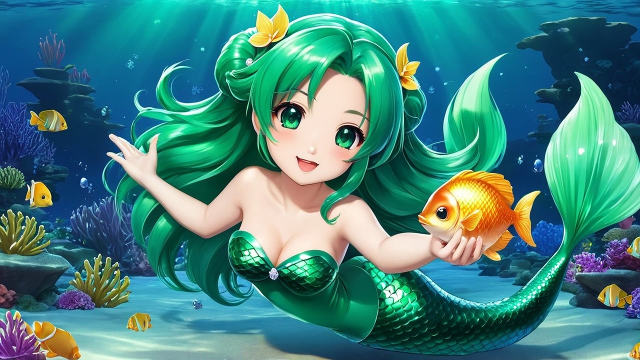 Vibrant Underwater Scene with Cheerful Mermaid