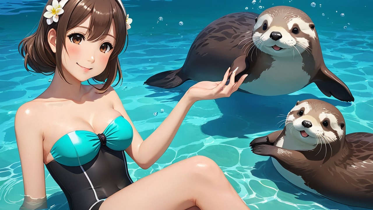 Young woman in swimsuit playing with otters in pool
