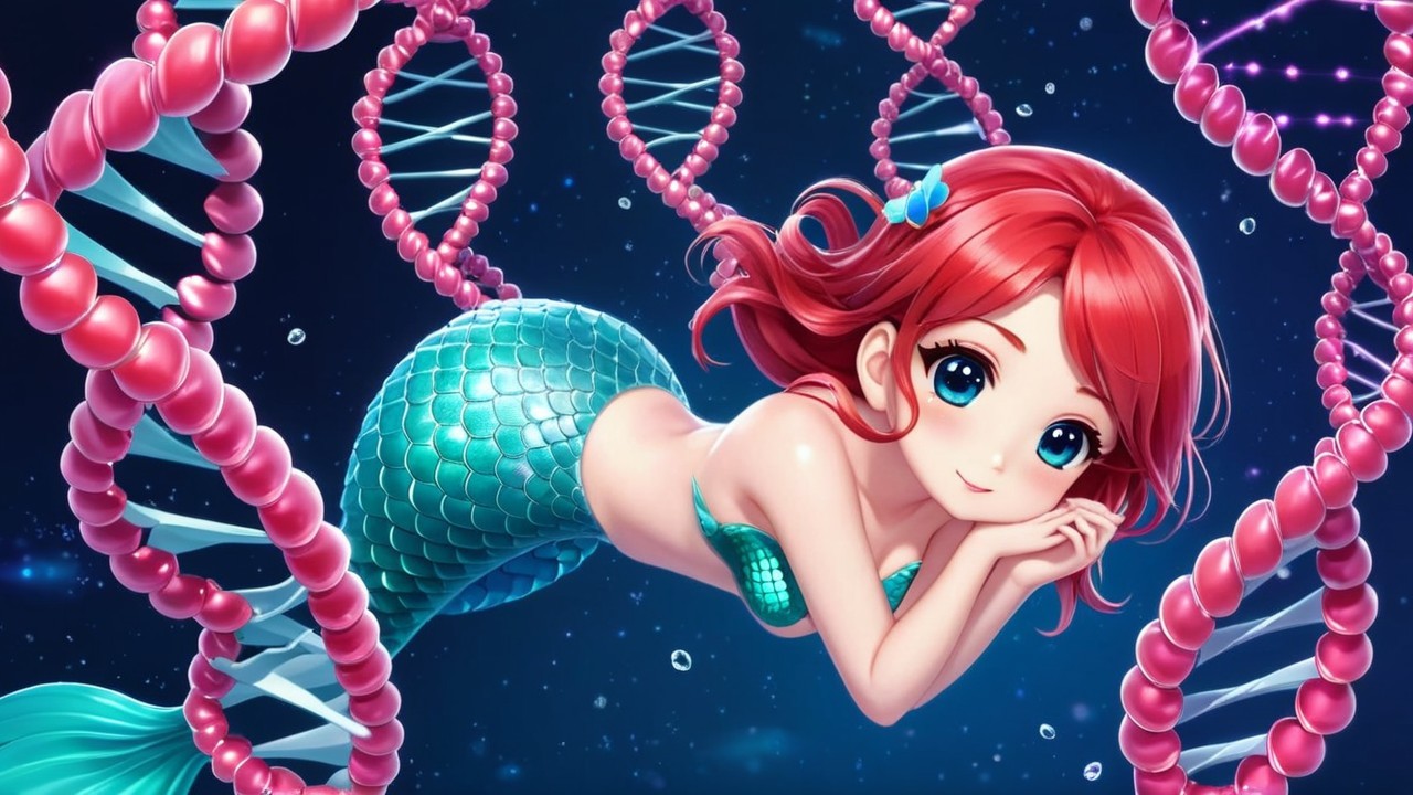 Cartoon Mermaid with Colorful DNA Strands Background