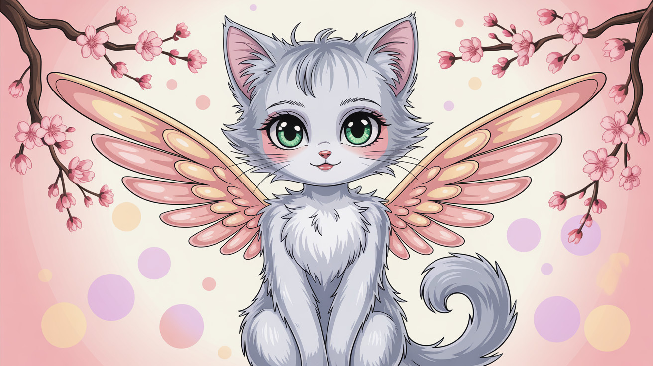 Light Grey Kitten with Wings in Pastel Background