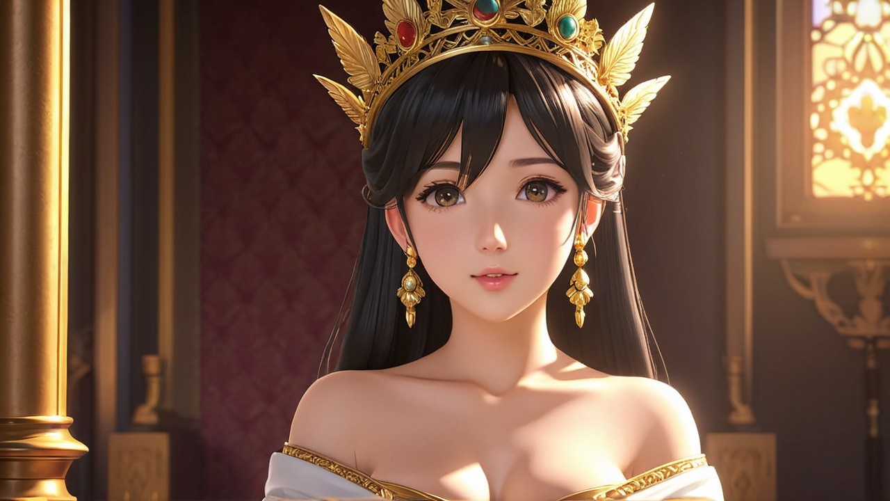 Young woman in elegant gown with golden crown and gems